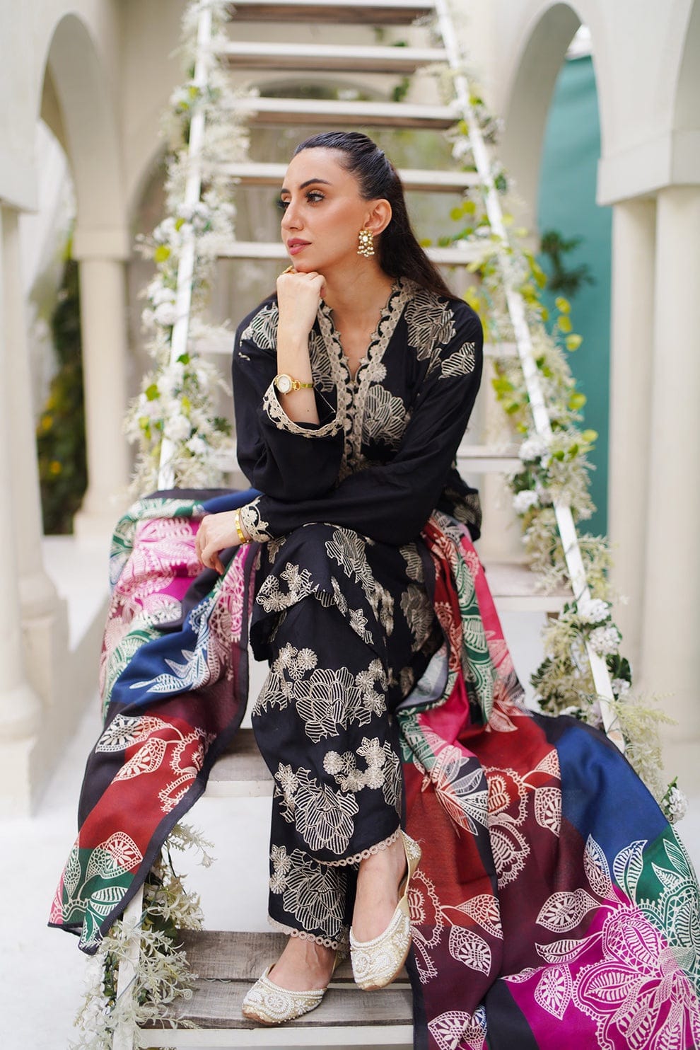 Jazmin — 3pc on digital Lawn with Voil 4 side printed Diamond Silk Dopatta image 1