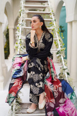 Jazmin — 3pc on digital Lawn with Voil 4 side printed Diamond Silk Dopatta image 1