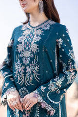 (MF1223) QALAMKAR| UNSTITCHED 3PC HEAVY EMB LAWN WITH CLUB COTTON NET PRINTED DUPATTA AND EMB PATCH