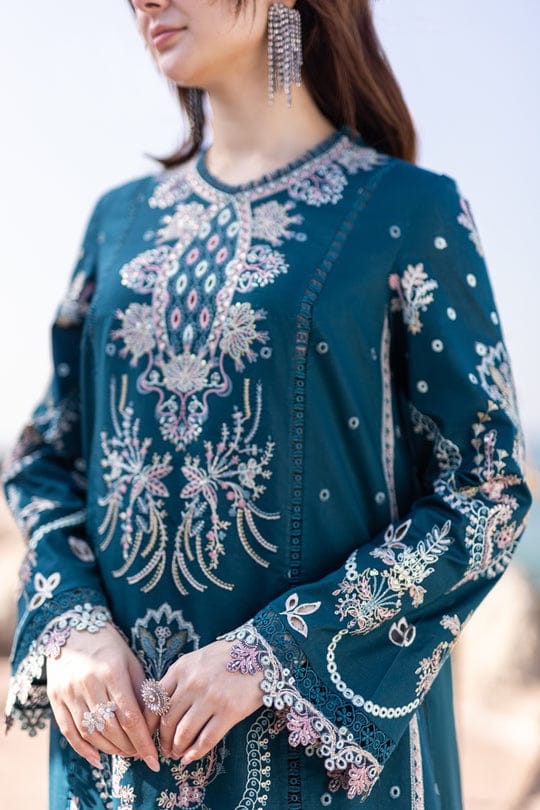 Qalamkar— 3pc on emb Lawn with Organza Emb Dopatta image 3