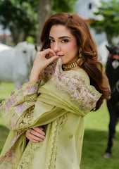 (MF1283) ELAF| UNSTITCHED 3PC HEAVY EMB PREMIUM LAWN WITH READY TO WEAR 4 SIDE CUTWORK EMB DUPATTA