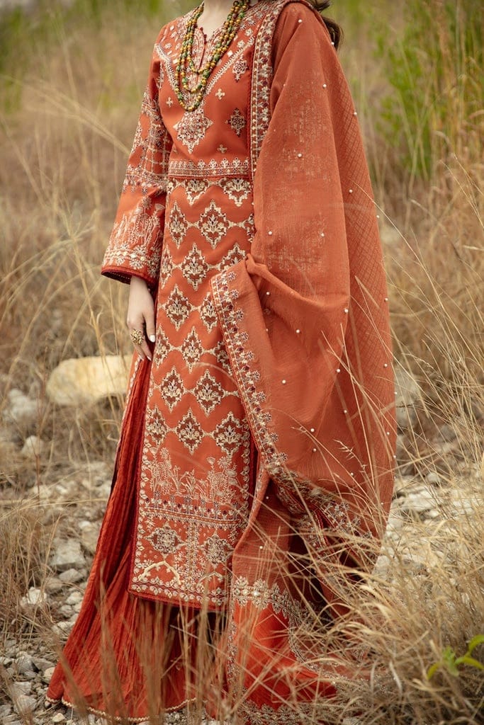 Qalamkar — 3pc on emb Lawn 90/70 with Chiffon Emb Dopatta image 3