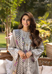 (MF0011) ELAF| UNSTITCHED 3PC HEAVY EMB PREMIUM LAWN WITH READY TO WEAR KHAADI- NET EMB DUPATTA 