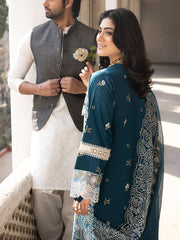 (MF1231) MAHNUR| UNSTITCHED 3PC HEAVY EMB LAWN WITH READY TO WEAR KHAADI-NET EMB DUPATTA