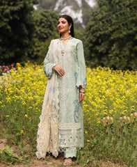 (MF009) KAHF| UNSTITCHED 3PC HEAVY EMB PREMIUM LAWN WITH READY TO WEAR KHAADI-NET EMB DUPATTA 