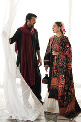 HUSSAIN REHAR ON UNSTITCHED 3PC DHANAK HEAVY EMB WITH PRINTED WOOL SHAWL