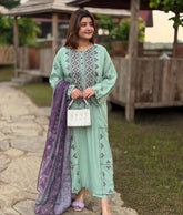 (MF123) UMZAY| UNSTITCHED 3PC HEAVY EMB PREMIUM LAWN WITH PRINTED SOFT DIAMOND PRINTED DUPATTA