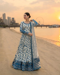 (MF235) FAIZA SAQLAIN| UNSTITCHED 3PC MAXI HEAVY EMB PREMIUM LAWN WITH READY TO WEAR KHAADI NET DUPATTA