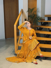 MF1359| ETHNIC UNSTITCHED 3PC HEAVY EMB PREMIUM SILK WITH READY TO WEAR KHAADI NET EMB DUPATTA