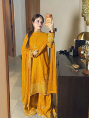 MF1359| ETHNIC UNSTITCHED 3PC HEAVY EMB PREMIUM SILK WITH READY TO WEAR KHAADI NET EMB DUPATTA