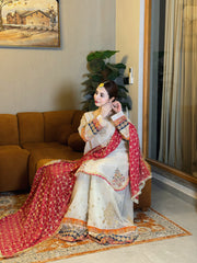MF1360| ETHNIC UNSTITCHED 3PC HEAVY EMB PREMIUM SILK WITH READY TO WEAR KHAADI NET EMB DUPATTA