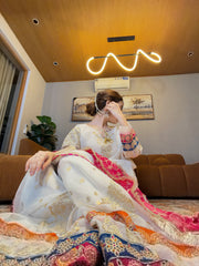 MF1360| ETHNIC UNSTITCHED 3PC HEAVY EMB PREMIUM SILK WITH READY TO WEAR KHAADI NET EMB DUPATTA