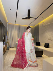 MF1360| ETHNIC UNSTITCHED 3PC HEAVY EMB PREMIUM SILK WITH READY TO WEAR KHAADI NET EMB DUPATTA