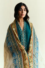 Coco by zarashahjanah on heavy emb dhanak with printed wool shawl