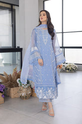 (MF1273) AZURE| UNSTITCHED 3PC HEAVY EMB PREMIUM LAWN WITH ORGANZA EMB DUPATTA