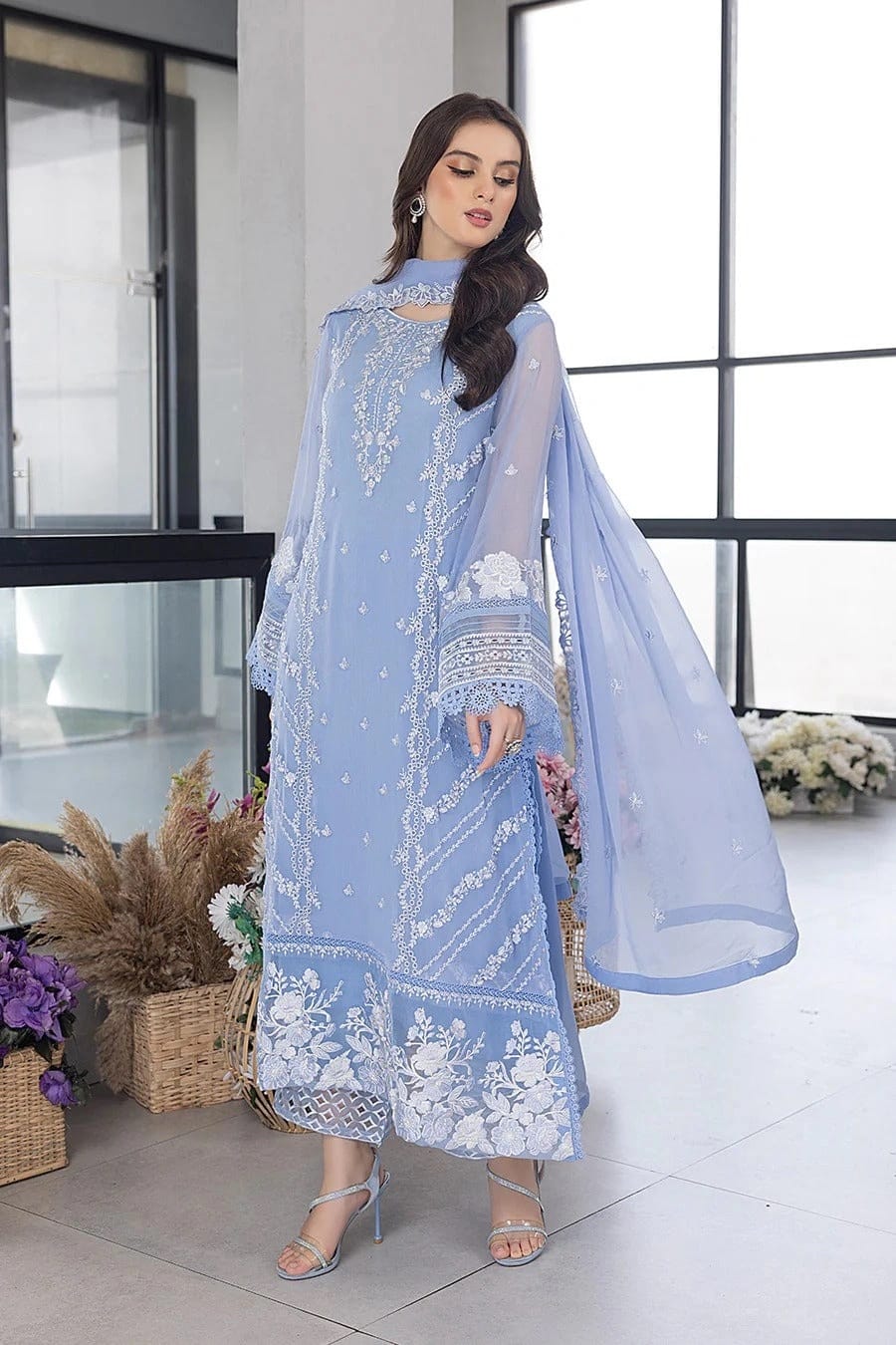 AZURE — 3pc on emb Lawn with organza emb Dopatta image 1