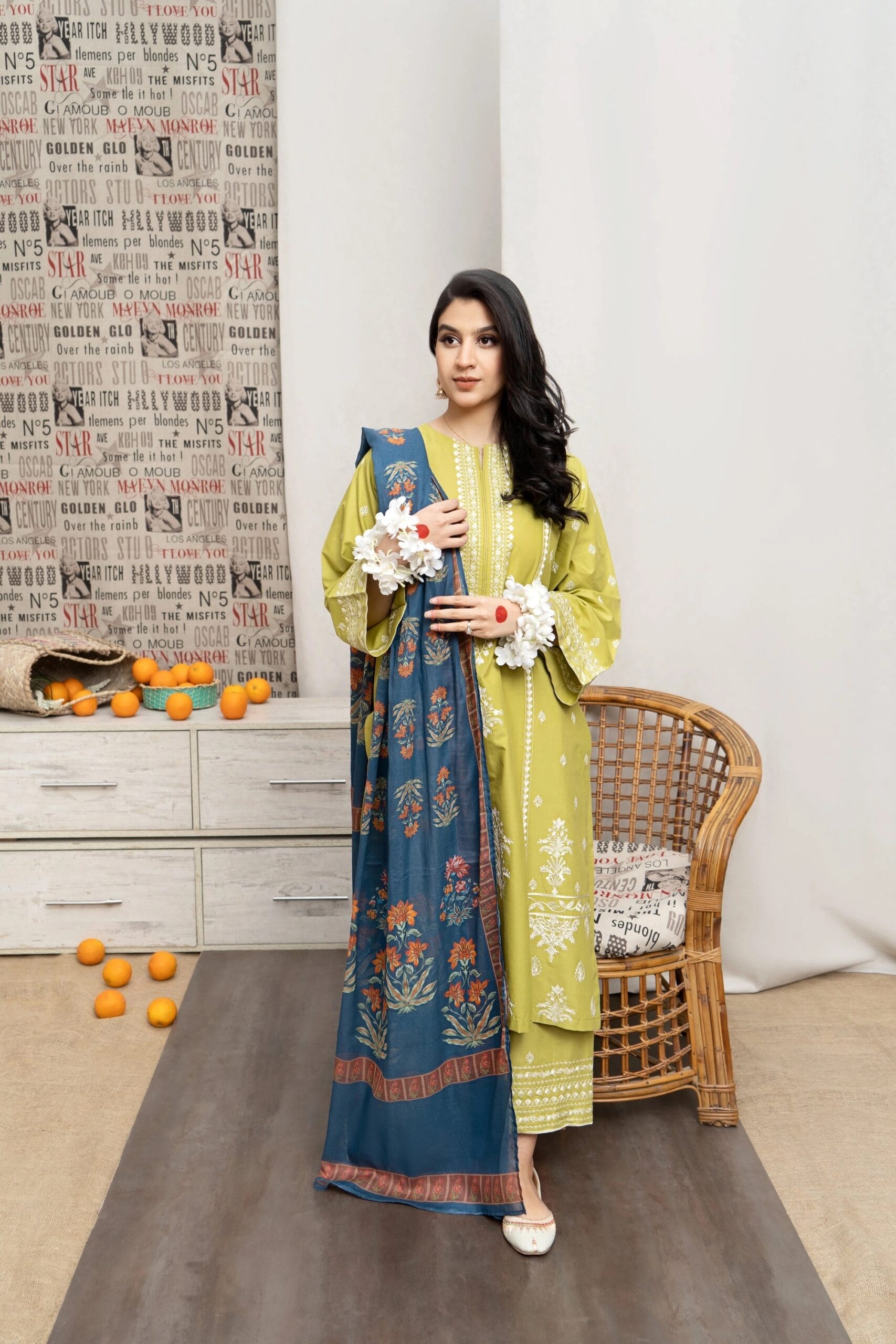 A sling — 3pc on emb Lawn with voil diamond Dopatta image 0