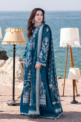 (MF1223) QALAMKAR| UNSTITCHED 3PC HEAVY EMB LAWN WITH CLUB COTTON NET PRINTED DUPATTA AND EMB PATCH