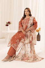 MOHAGNI ON UNSTITCHED 3PC DHANAK EMB WITH PRINTED WOOL SHAWL