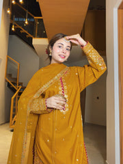 MF1359| ETHNIC UNSTITCHED 3PC HEAVY EMB PREMIUM SILK WITH READY TO WEAR KHAADI NET EMB DUPATTA