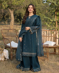 Qalamkar on emb Lawn with organza   Emb Dopatta