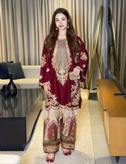 (MF1212) ETHNIC| UNSTITCHED 2PC HEAVY EMB PREMIUM SILK WITH PRINTED SILK TROUSER