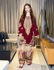 (MF1212) ETHNIC| UNSTITCHED 2PC HEAVY EMB PREMIUM SILK WITH PRINTED SILK TROUSER